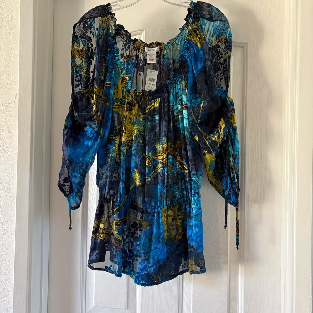 Cache Silk Blend Blouse Blue Gold Marble Ruffle Whimsical Flowy Boho Celestial S